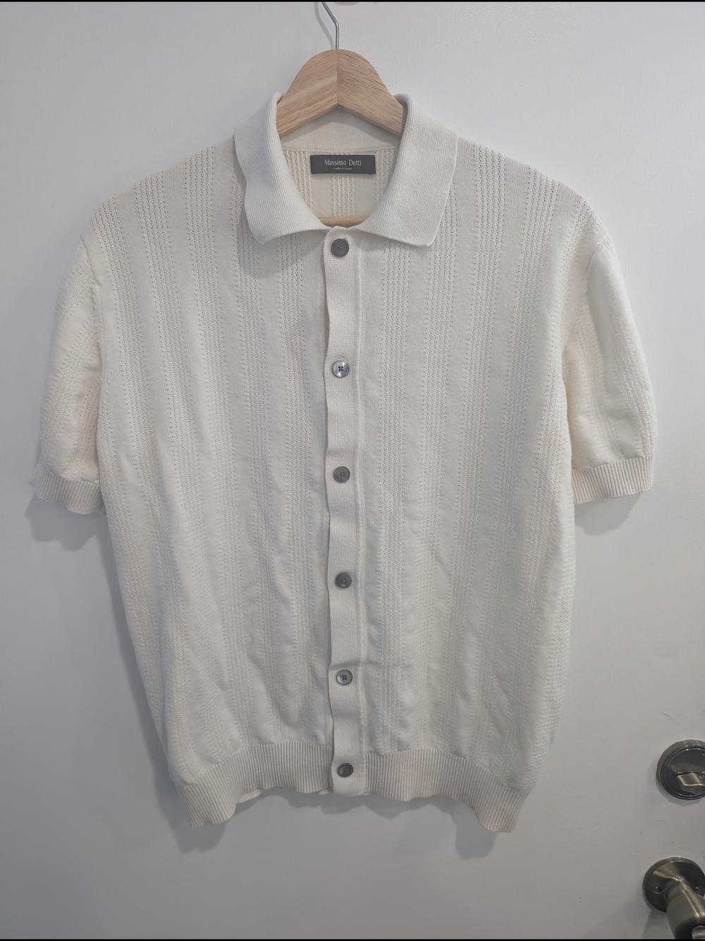 Massimo Dutti Men's Cotton/Linen Textured Knit Polo Cardigan Sweater Cream Sz M